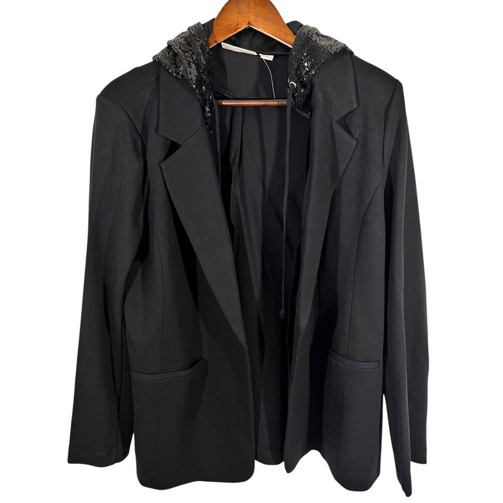 Belle by Kim Gravel‎ Blazer Large Black Sequin Hooded Jacket Holiday Party - Picture 2 of 6